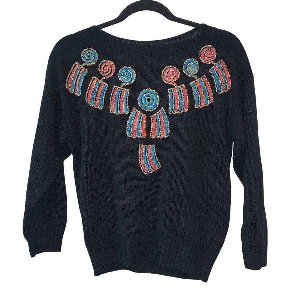 Vintage‎ Southwestern Beaded Sweater Black Artsy Boho Knit M